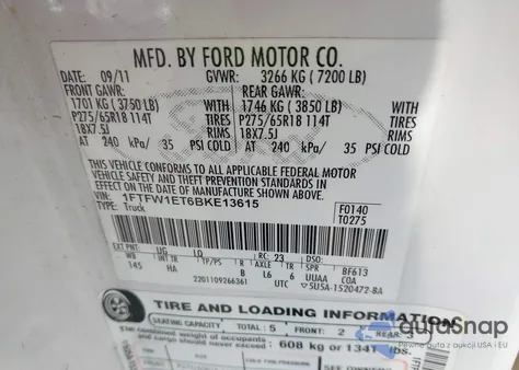 2011 Ford F-150 Lariat z USA, uszkodzony, nr VIN 1FTFW1ET6BKE13615